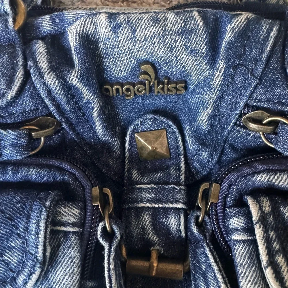 Angel Kiss Distressed Denim Shoulder / Adjustable Crossbody Purse 15 Pockets!